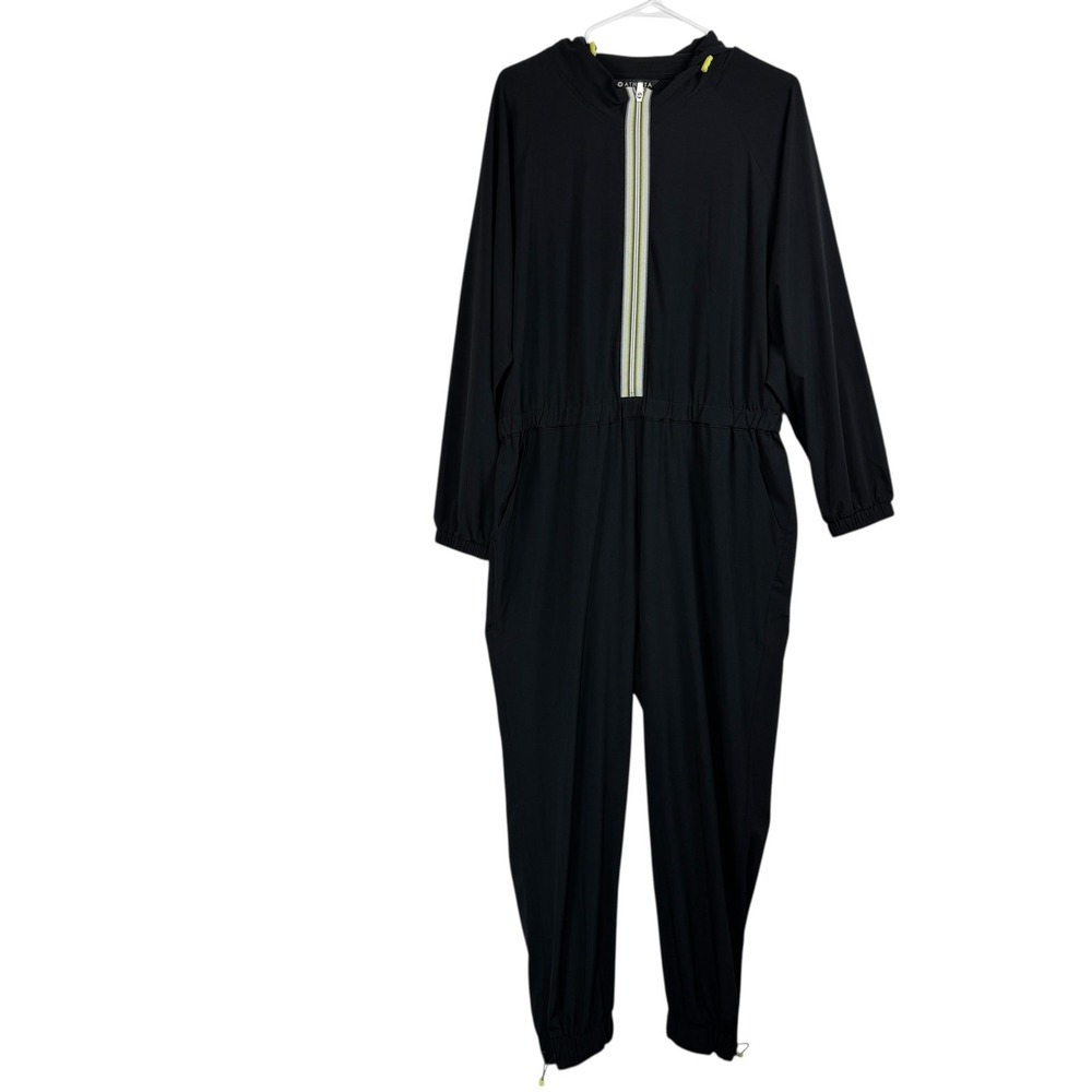 Athleta Brooklyn Jumpsuit Black Hooded Long Sleeve Zip Front Size 16 446811-00